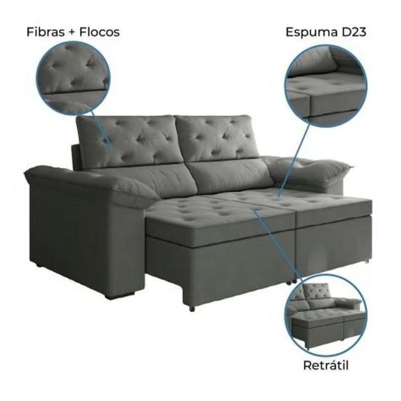 Detalhe do assento retrátil em suede cinza e encosto com fibra