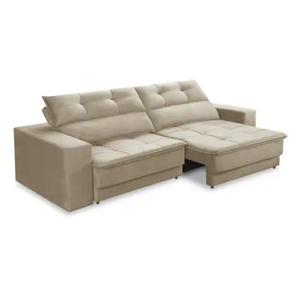 Sofá retrátil e reclinável 2 lugares em suede bege, com assento estendido
