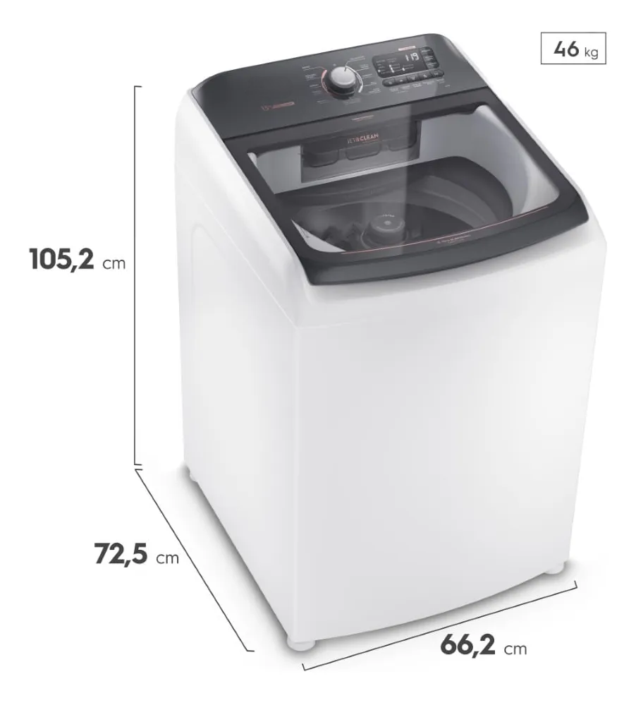 Interior do cesto inox e detalhe da gaveta Jet&Clean da lavadora 15 kg